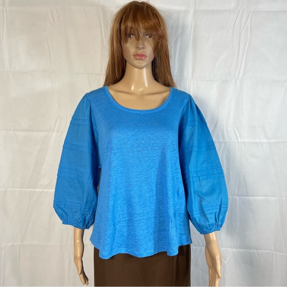 New Chico's Linen Detailed 3/4 Sleeve Blue Top Size 1 US M